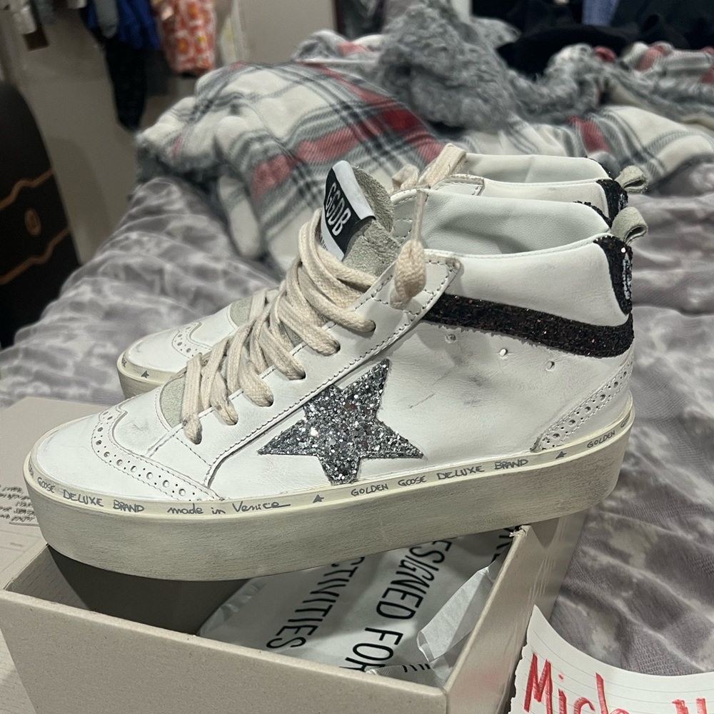 Golden Goose High Midstar Sneakers with Silver Glitter Star
